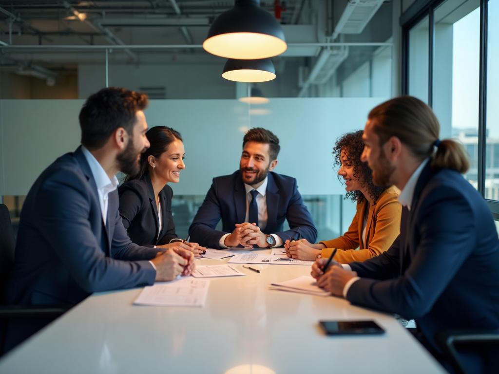 Professional export team collaborating in modern office environment